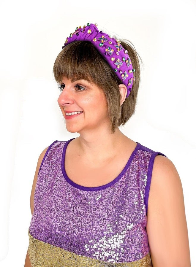NVENF Mardi Gras Headband Accessories for Women Fleur De Lis Headbands Rhinestone Pearl Jeweled Knotted Headband Fat Tuesday Parade Party Favors Gifts （Fleur De Lis 2 - Purple） - Image 2